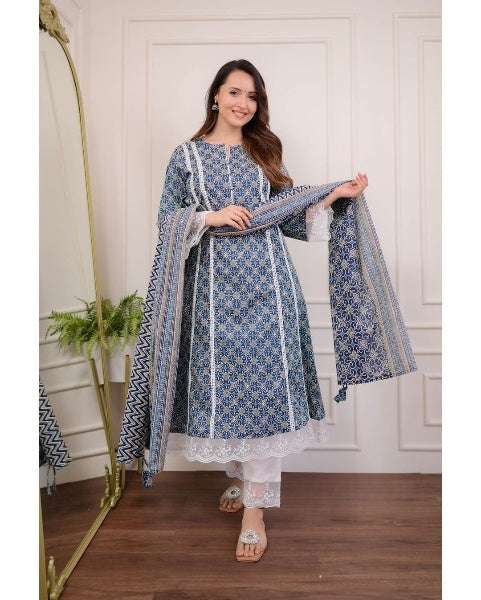 Blue Rayon Printed Partywear Pakistani Kurta Bottom Set