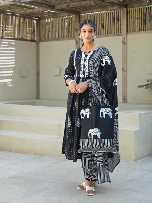 Black Jaipuri Printed Cotton Nyra Cut Suit Set With Cotton Bag