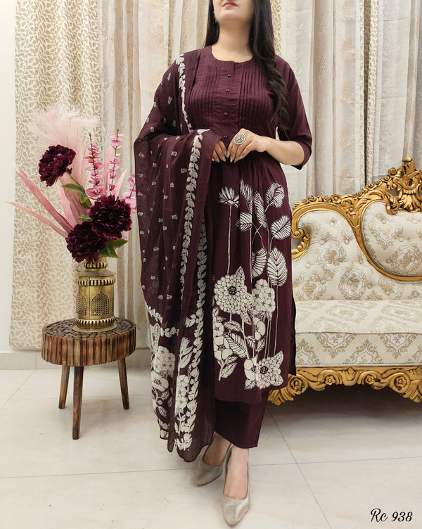 Wine Cotton Partywear Flower Printed Kurta Bottom Set With Dupatta