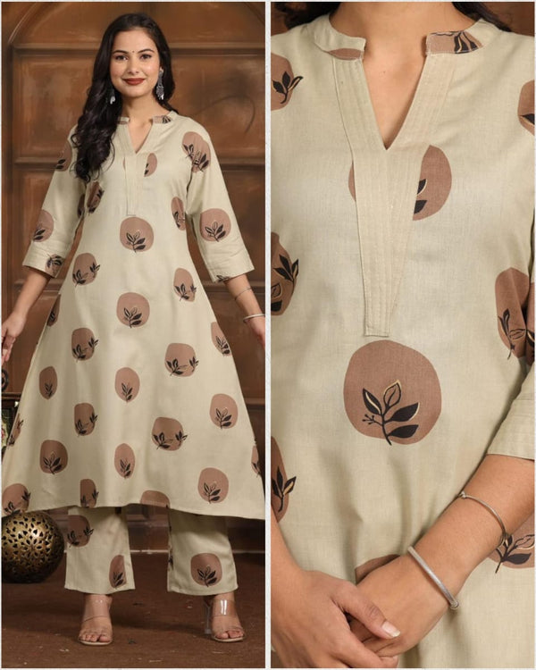 Cream Boota Printed Flex Cotton Kurta Bottom Set