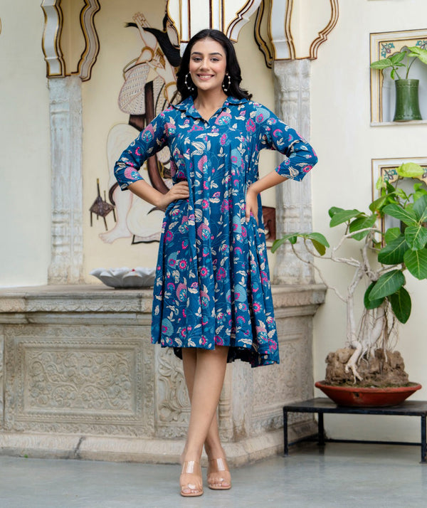 Blue Jaal Printed Rayon Knee Length Dress