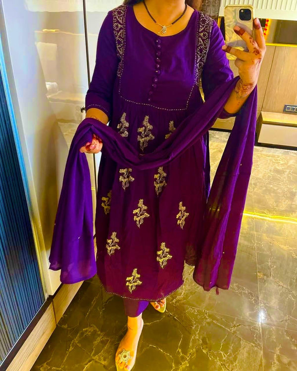 Purple Embroidery Work Cotton Kurta Pant Set With Mulmul Dupatta