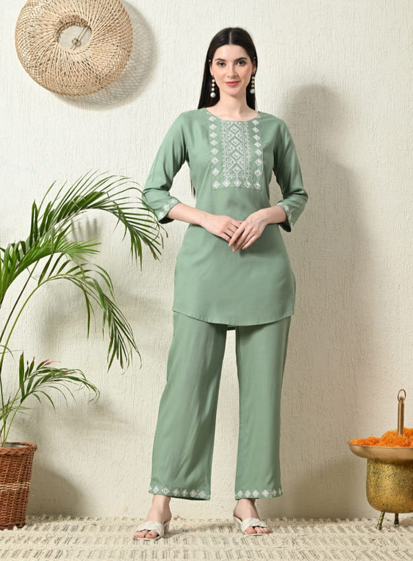 Pastel Green Plain Rayon Co-Ord Set With Embroidery On Yoke