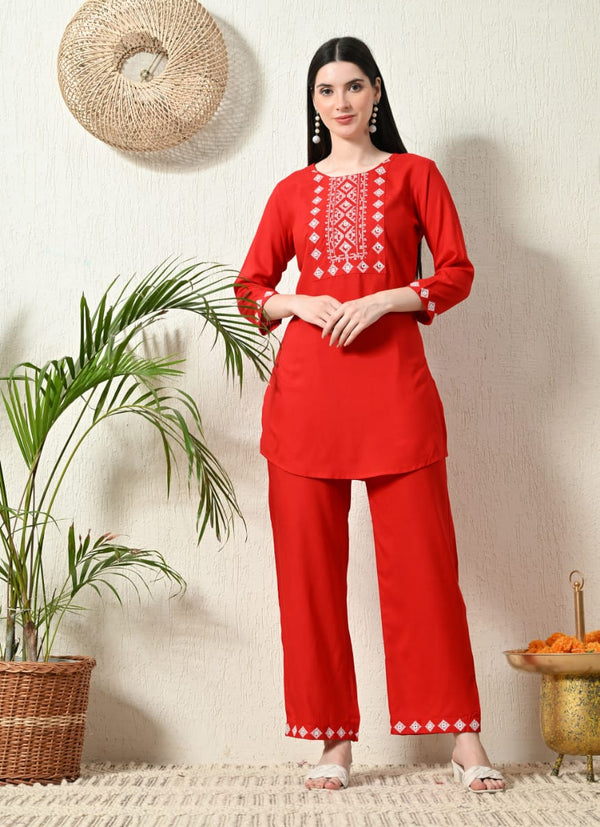 Red Plain Rayon Co-Ord Set With Embroidery On Yoke