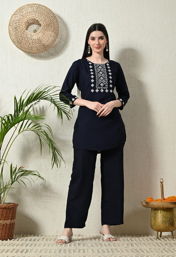 Black Plain Rayon Co-Ord Set With Embroidery On Yoke