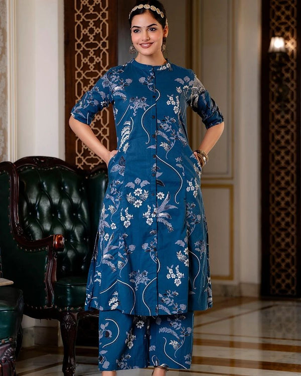 Navy Jaal Rayon Printed Aline CO-Ord Set