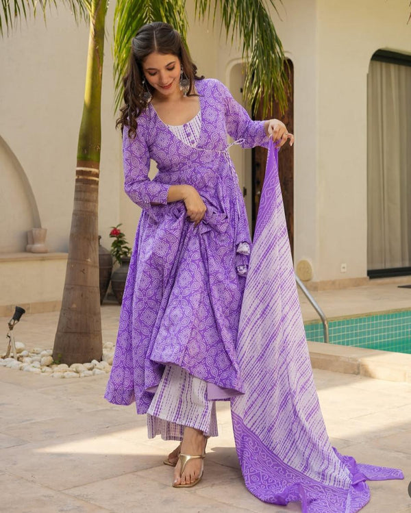 Purple Bandhej Angrakha Kurta Bottom Set With Dupatta Shibori Print Dupatta