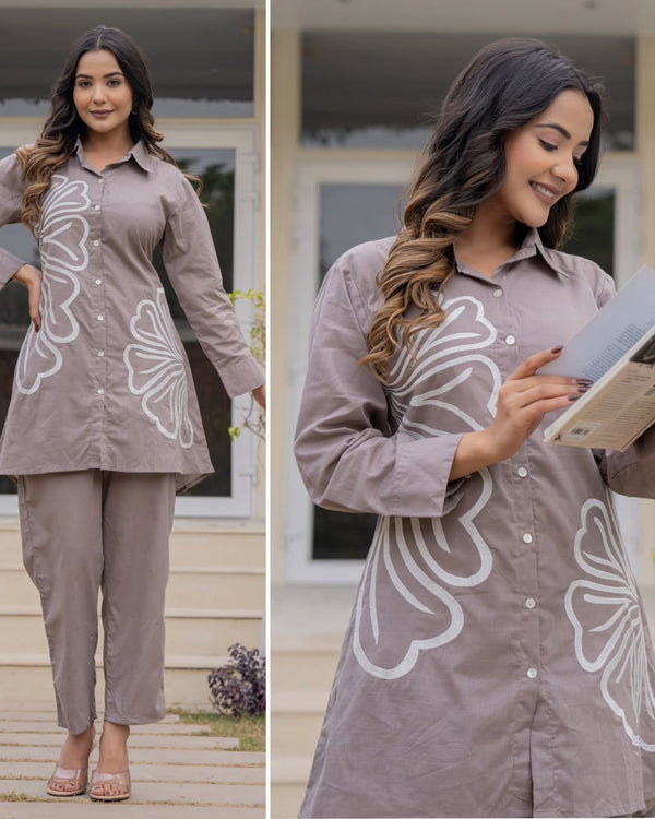 Grey Cotton Embroidery Fancy Co-Ord Set