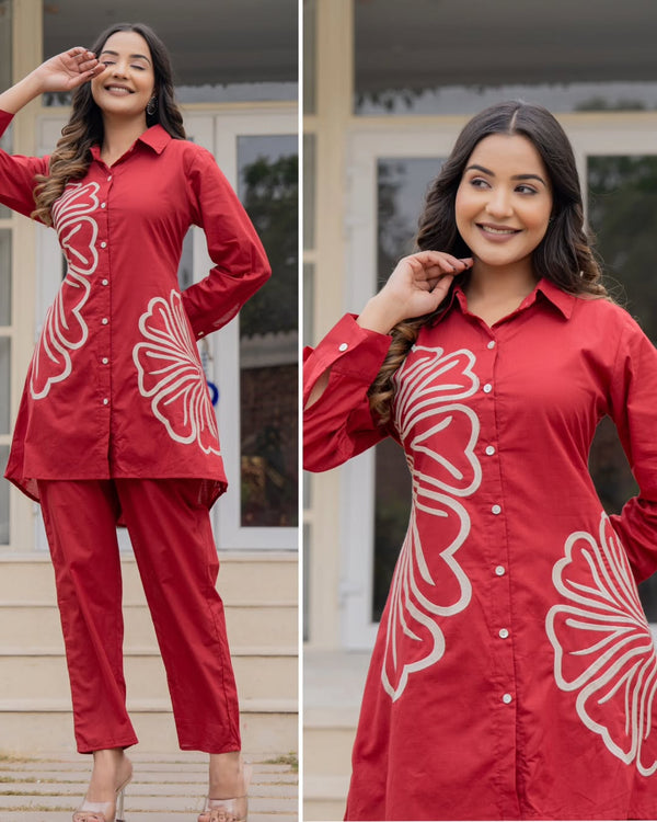 Red Cotton Embroidery Fancy Co-Ord Set