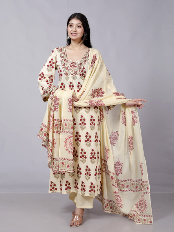 Cream Boota Sanganeri Printed Cotton Anarkali Kurta Bottom Set With Dupatta