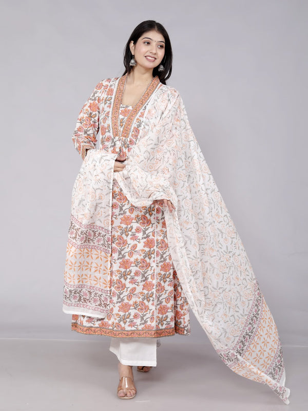 White Jaal Sanganeri Printed Cotton Anarkali Kurta Bottom Set With Dupatta