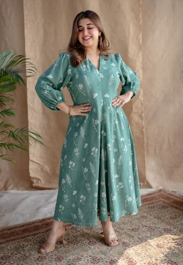 Sea Green Flower Printed Cotton Midi Dress With Puff Sleeves