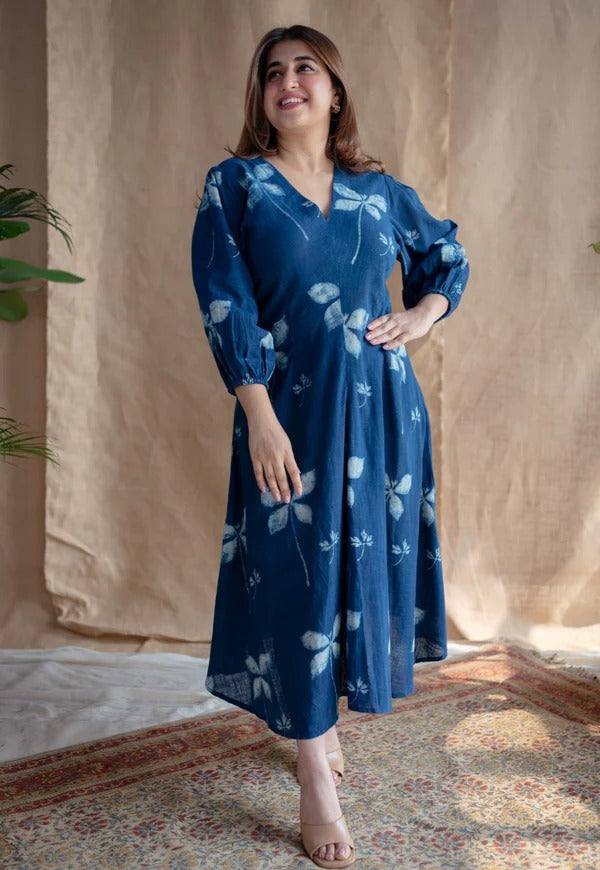 Blue Flower Printed Cotton Midi Dress With Puff Sleeves