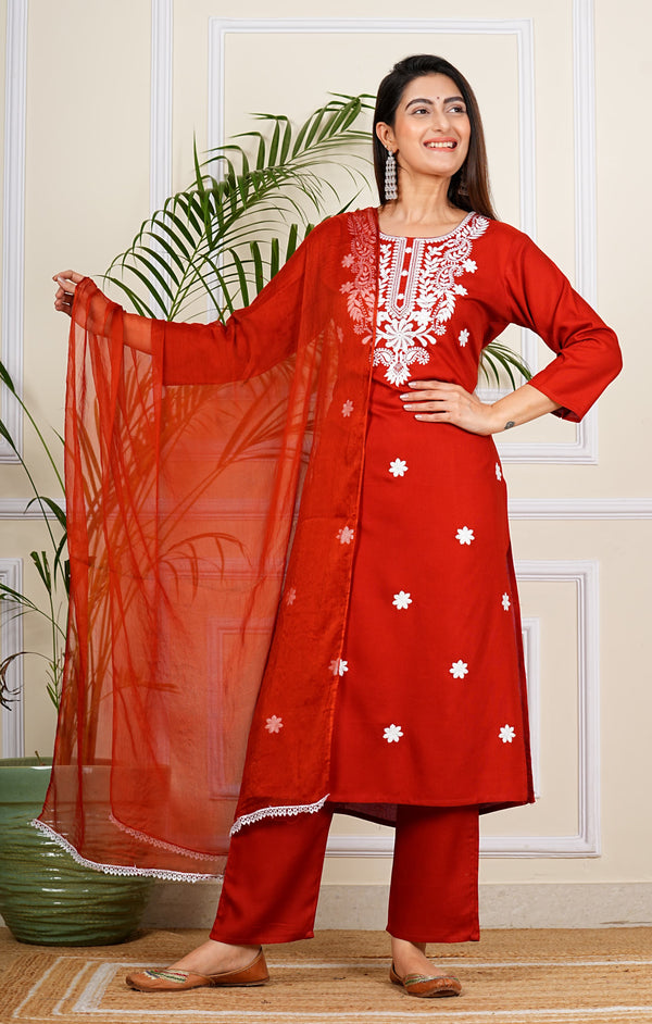 Red Cotton Embroidery On Yoke Kurta Pant Set With Nazmeen Dupatta