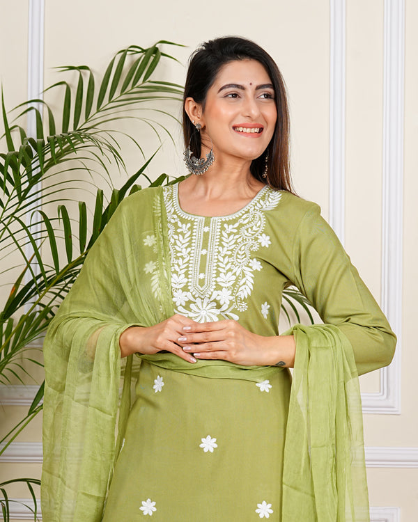 Green Cotton Embroidery On Yoke Kurta Pant Set With Nazmeen Dupatta