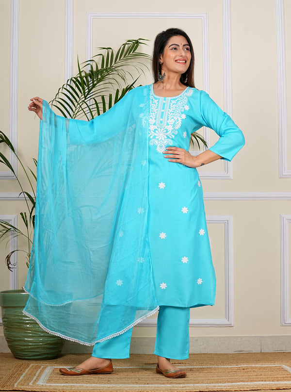 Turquoise Cotton Embroidery On Yoke Kurta Pant Set With Nazmeen Dupatta