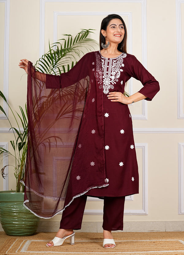 Wine Cotton Embroidery On Yoke Kurta Pant Set With Nazmeen Dupatta