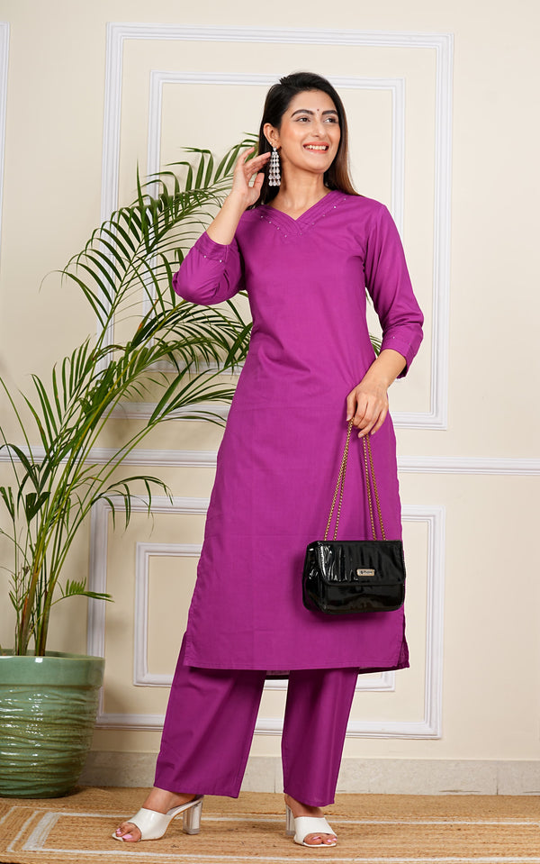 Pink Monochrome Aline Cotton Kurta Pant Set With Handwork On Yoke