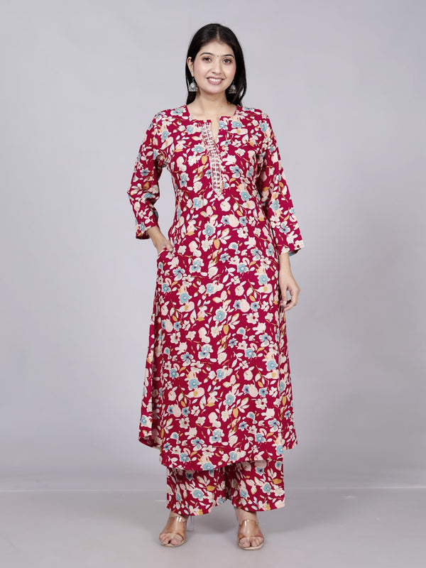 Red Modal Rayon Digital Printed  Kurta Bottom Set With Work On Front