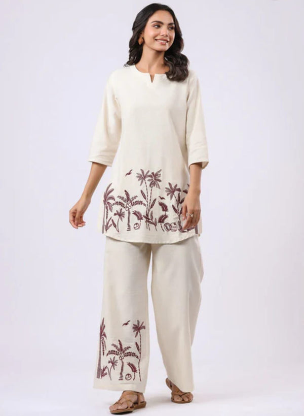 Off White Flex Cotton Embroidery Fancy Co-Ord Set