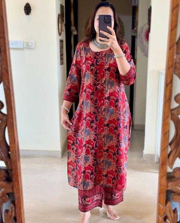 Red Abstract Printed Comfortable Cotton Kurta Palazzo Set