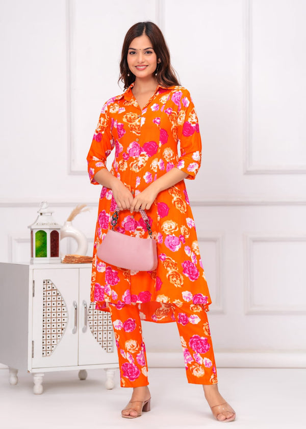 Orange Flower Printed Rayon Co-Ord Set