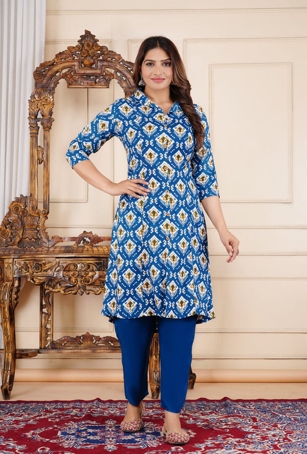 Blue Ikkat Print Rayon Kurta Bottom Set