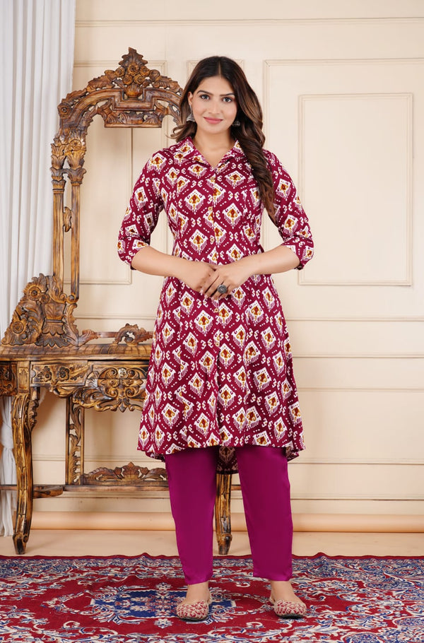 Maroon Ikkat Print Rayon Kurta Bottom Set