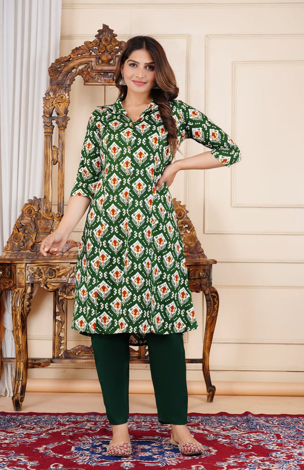 Green Ikkat Print Rayon Kurta Bottom Set