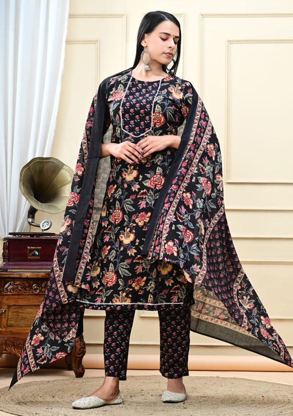 Black Jaal Cotton Printed Partywear Kurta Bottom Set With Dupatta