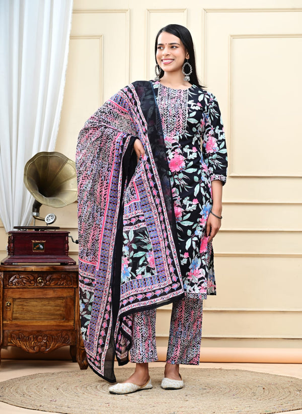 Black Pink Jaal Cotton Printed Partywear Kurta Bottom Set With Dupatta