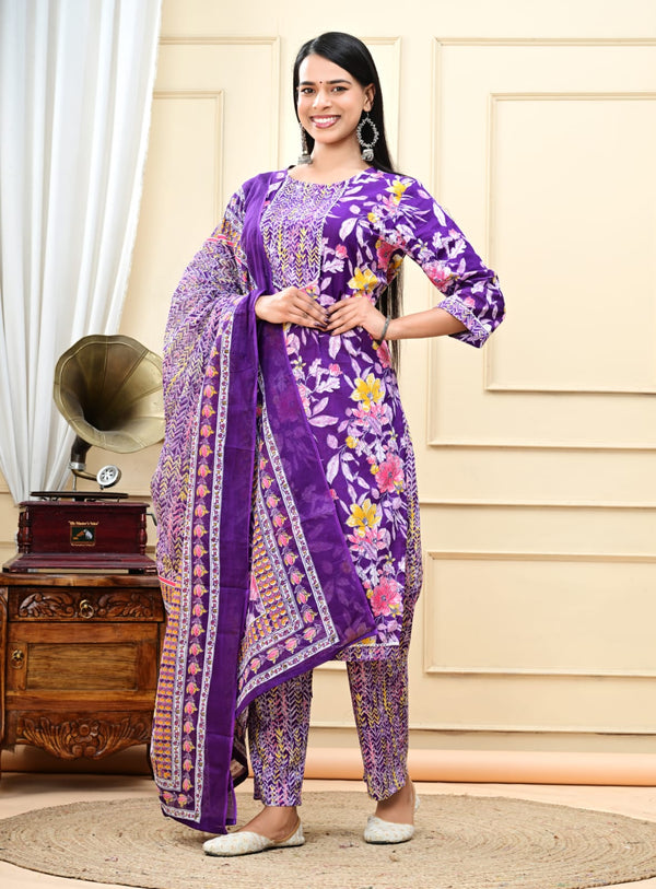 Purple Jaal Cotton Printed Partywear Kurta Bottom Set With Dupatta