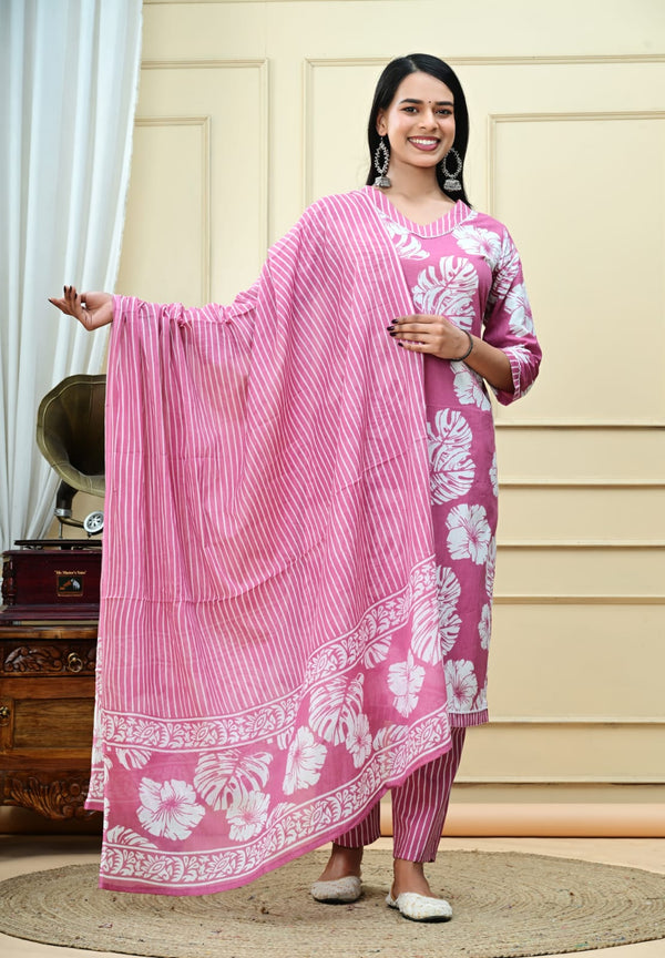 Pink Boota Cotton Printed Partywear Kurta Bottom Set With Dupatta