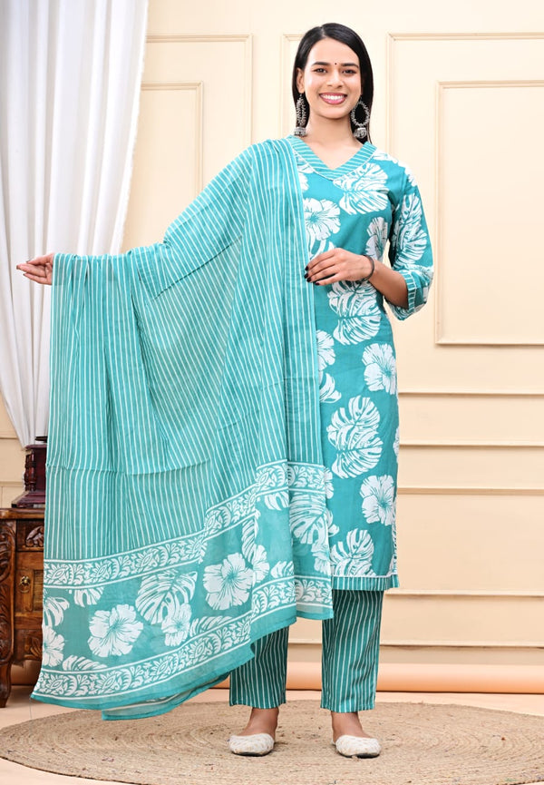 Turquoise Boota Cotton Printed Partywear Kurta Bottom Set With Dupatta