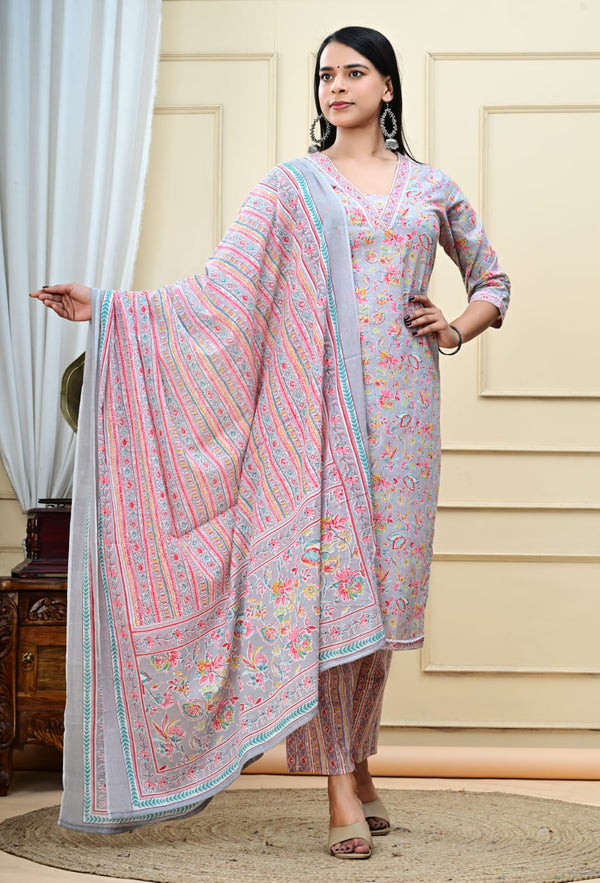 Grey Jaal Cotton Printed Partywear Kurta Bottom Set With Dupatta