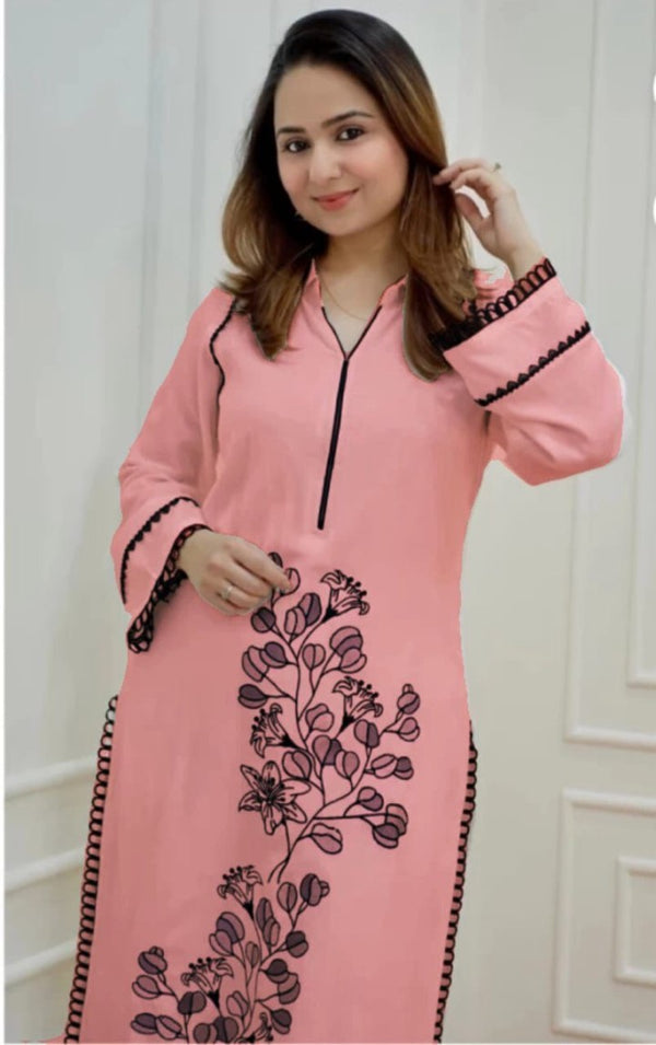 Peach Rayon Embroidery Regular Wear Co-Ord Set