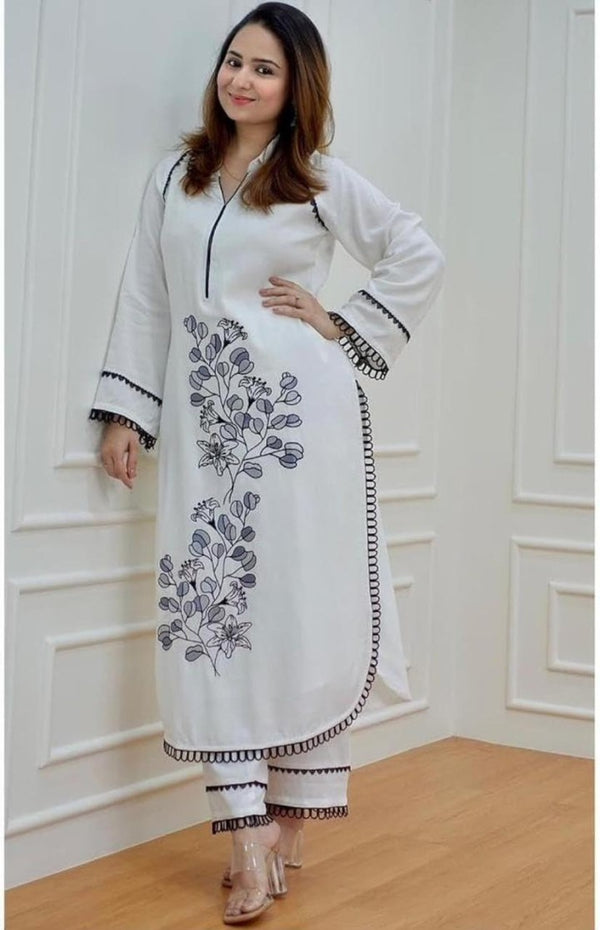 White Rayon Embroidery Regular Wear Co-Ord Set