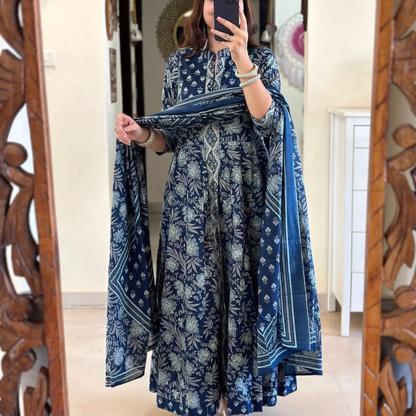 Blue Ethnic Printed Cotton Partywear Anarkali Kurta Set With Dupatta