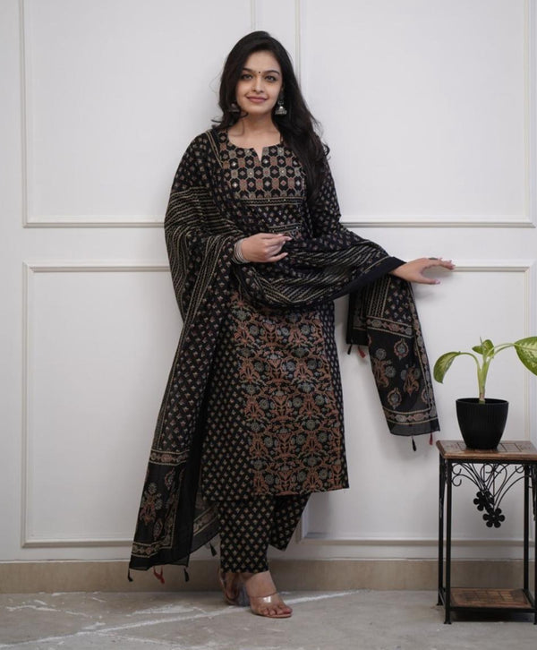 Black Cotton Ajrakh Printed Kurta Bottom Set With Thread Embroidery