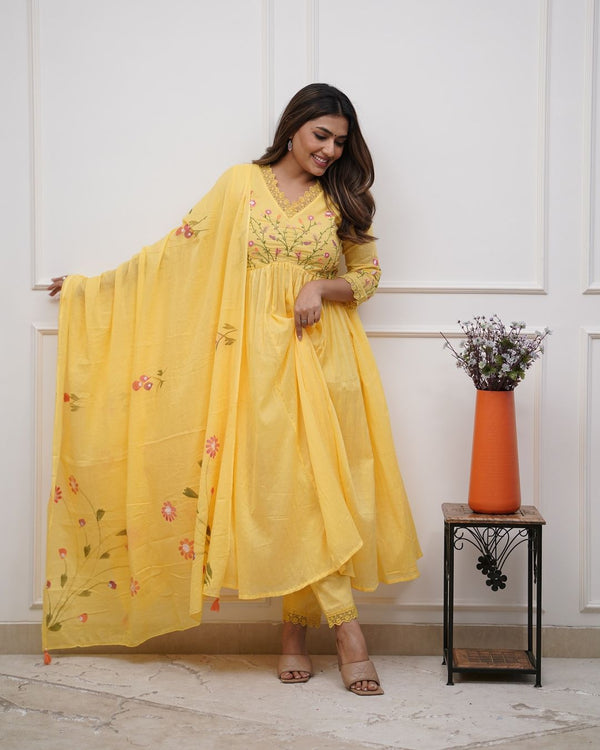 Yellow Flower Leaf Embroidery & Hand Painted Kurta Bottom Set With Dupatta