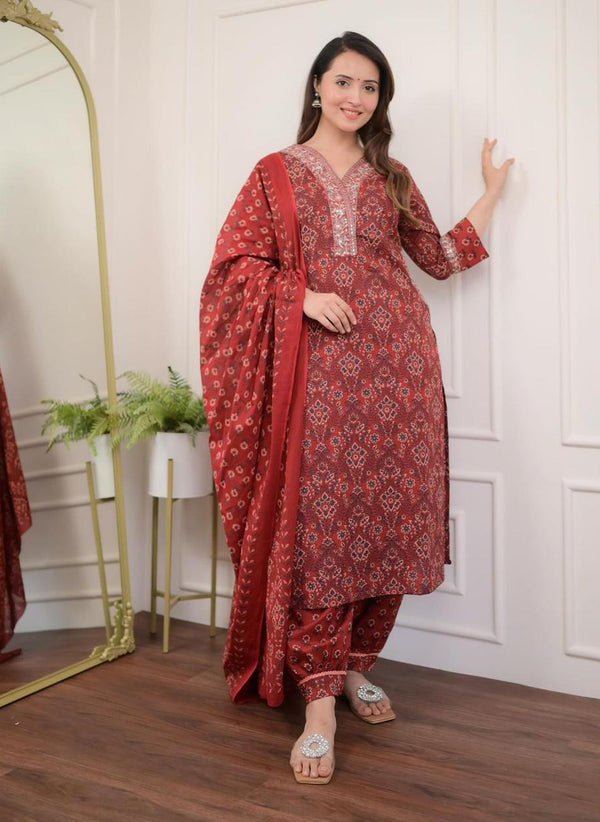 Red Jaipuri Printed Comfortable Kurta Afghani Set