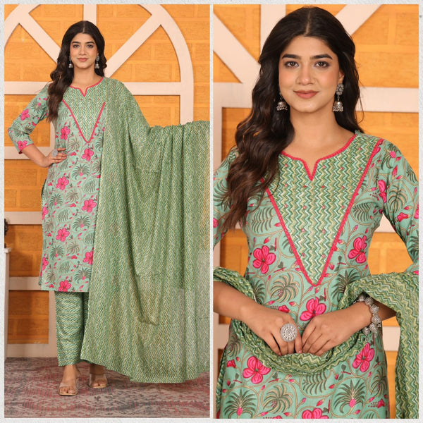 Green Jaal Cotton Printed Partywear Kurta Pant Set With Dupatta