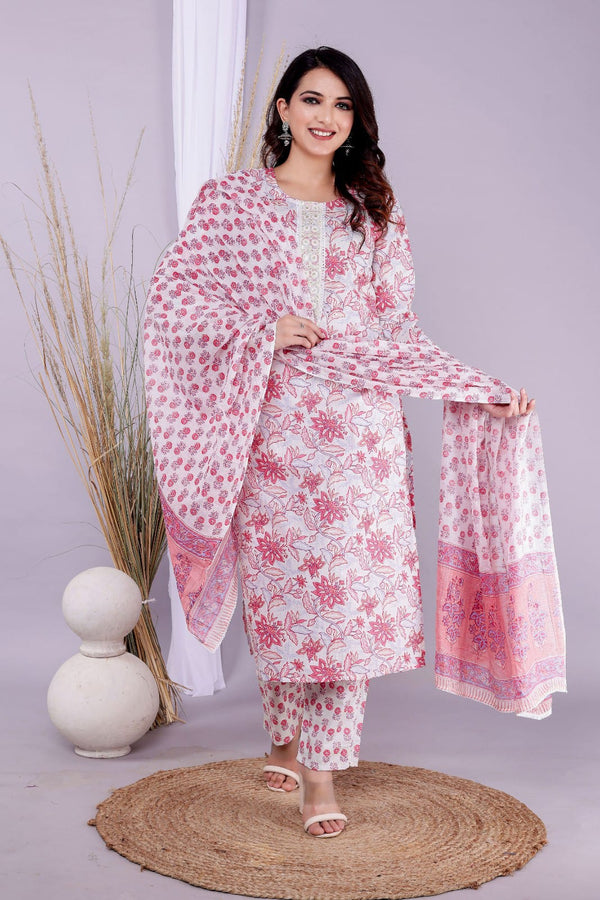 White Jaal Printed Regular Wear Kurta Bottom Set With Mulmul Dupatta