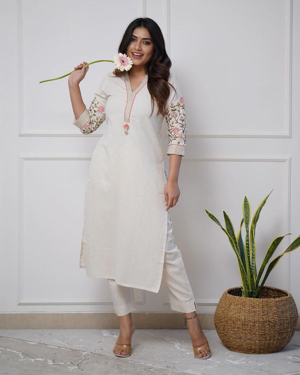 White Straight Fit Embroidered Kurta Pant Set