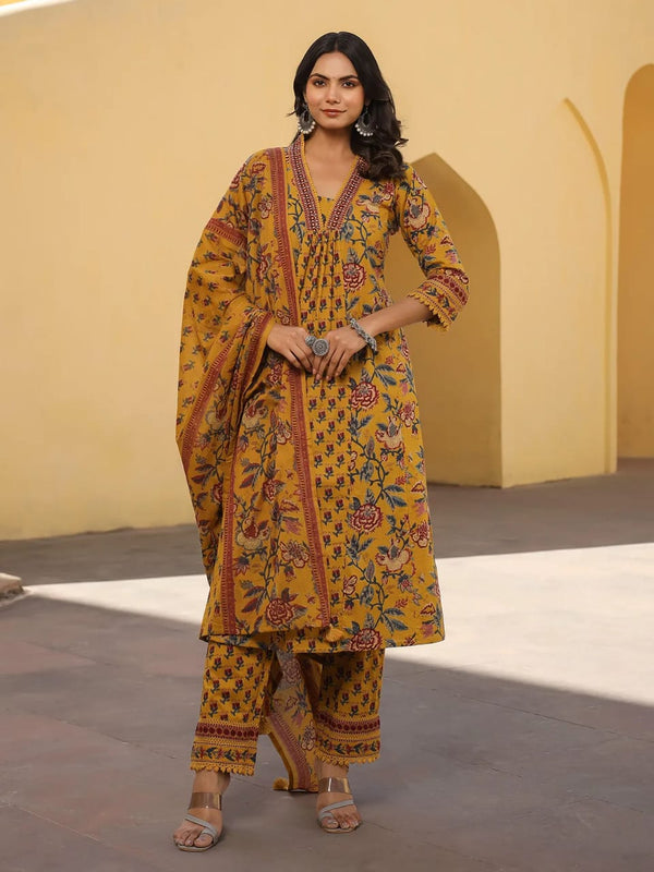 Yellow Jaal Printed Partywear Alia Cut Kurta Bottom Set With Dupatta