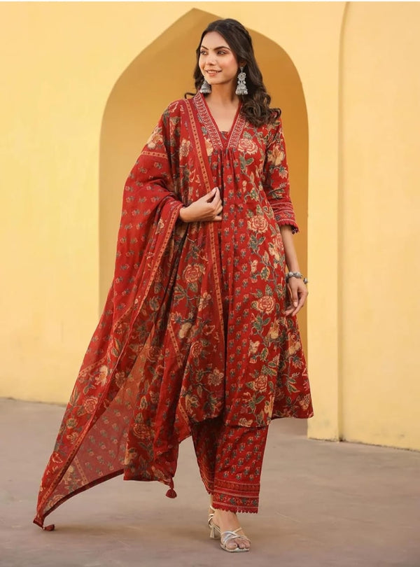 Red Jaal Printed Partywear Alia Cut Kurta Bottom Set With Dupatta