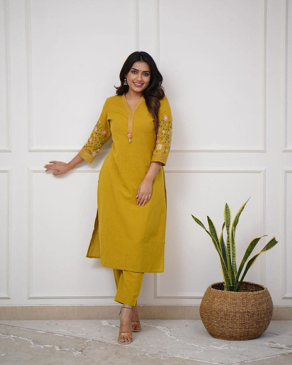 Mustard Straight Fit Embroidered Cotton Kurta Pant Set