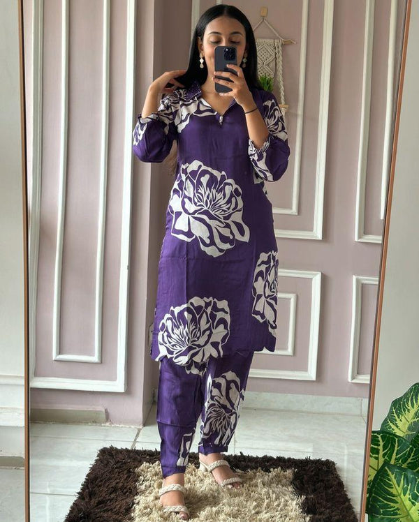 Vibrant Purple Cotton Printed Comfortable Leisure Wear