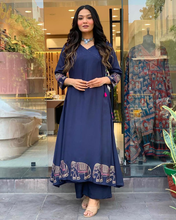 Navy Plain Cotton Angrakha Kurta Bottom Set With Embroidery