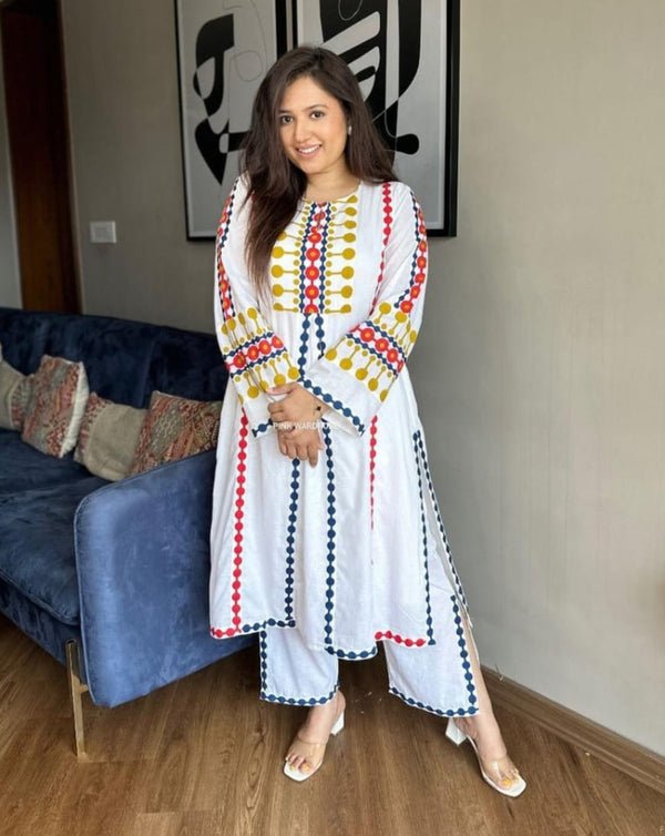 White Multi Print Cotton Co-Ord Set For Women